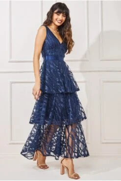 Goddiva Embroidered Mesh Tiered Midi Dress - Navy
