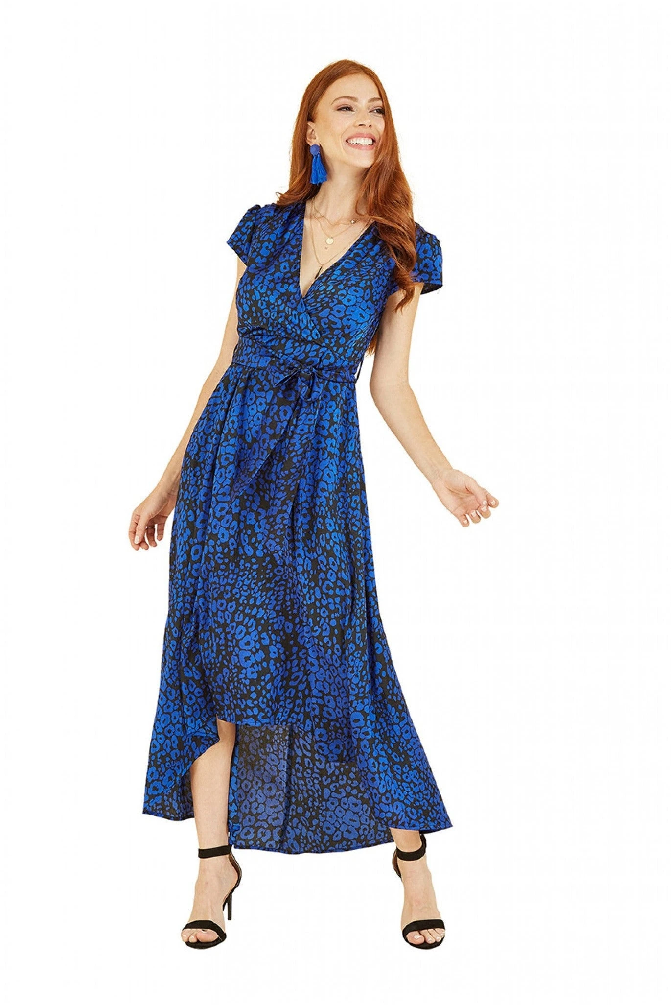 Mela London Blue Animal Print Dip Hem Midi Wrap Dress 3 Mela London Blue Animal Print Dip Hem Midi Wrap Dress - Image 3