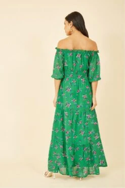 Yumi Green Floral Bardot Long Sleeve Maxi Dress -Yumi Clothing Shop 0Dz41f2d 15767