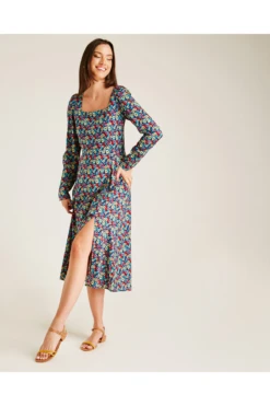 Dusty Pink Floral Long Sleeve Slit Dress | Navy