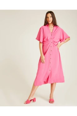 Dusty Pink Ruched Front Button Up Dress | Fuchsia