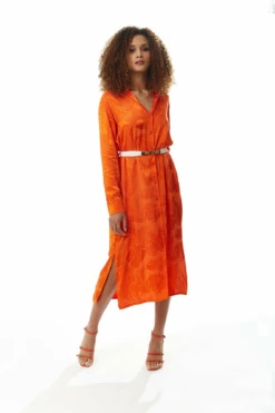 Liquorish Leaf Print Midi Shirt Dress In Coral With Belt