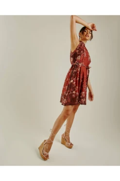 Dusty Pink Halter Neck Printed A-line Dress -Yumi Clothing Shop 0rCYUcQT 11582