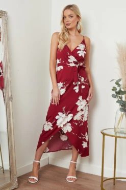 Lilura London Cami Wrap Midi Dress In Red Floral Print