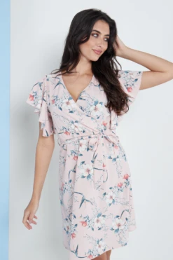 Lilura London Angel Sleeves Wrap Dress In Pink Floral Print -Yumi Clothing Shop 1Cnz8z1q 15710