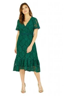 Yumi Green Lace Skater Midi Dress With Ruffle Hem