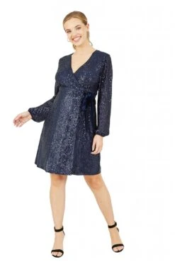 Yumi Navy Sequin Wrap Dress With Velvet Tie