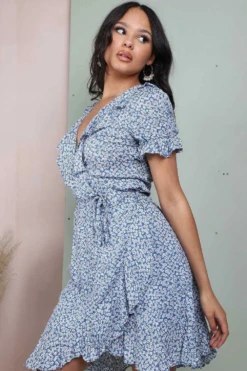 Lilura London Blue Floral Frill Wrap Mini Dress -Yumi Clothing Shop 1gASqvNQ 10589