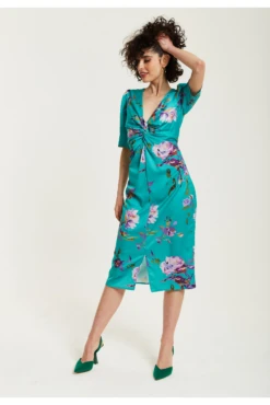 Liquorish Green Floral Knot Front Midi Dress