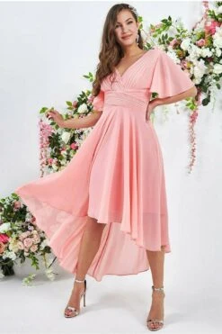 Goddiva Pleated Chiffon High Low Midi Dress - Peach -Yumi Clothing Shop 2HIOhXV7 8901