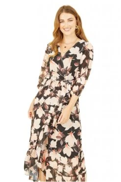 Yumi Black Blossom Wrap Midi Dress With 3/4 Sleeves -Yumi Clothing Shop 2T99jXW7 14852