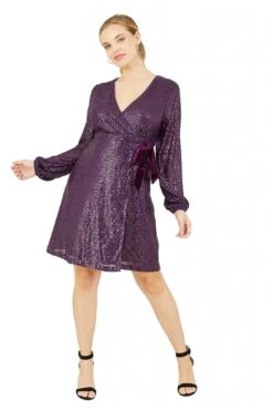 Yumi Purple Sequin Wrap Dress With Velvet Tie