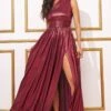 Goddiva One Shoulder Slinky Foil Flared Maxi Dress - Wine