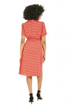 Yumi Red Ditsy Leaf Print Retro Shirt Dress -Yumi Clothing Shop 32c802cu 13968