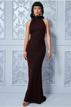 Goddiva Open Back Halter Glitter Maxi Dress - Wine -Yumi Clothing Shop 3SaVE2sA 7464