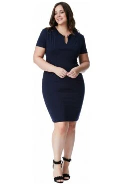 Goddiva Plus Fitted Midi Dress With Metal Bar Detail - Navy -Yumi Clothing Shop 3W3W3F8x 6506