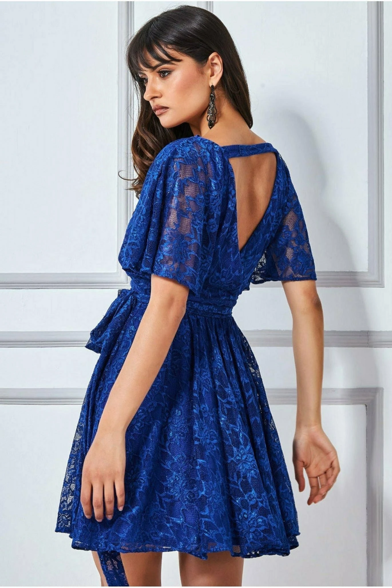 Goddiva Lace Kimono Wrap Skater Mini Dress - Royal Blue 2 Goddiva Lace Kimono Wrap Skater Mini Dress - Royal Blue - Image 2
