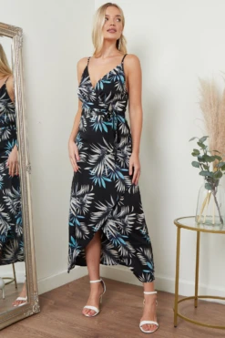 Lilura London Cami Wrap Midi Dress In Black Palm Print