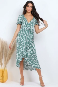Lilura London Green Floral Print Frill Wrap Midi Dress