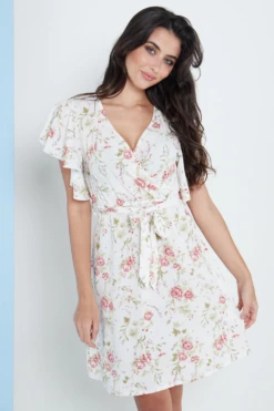 Lilura London Angel Sleeves Wrap Dress In White Floral Print -Yumi Clothing Shop 4fTeW5fG 15709