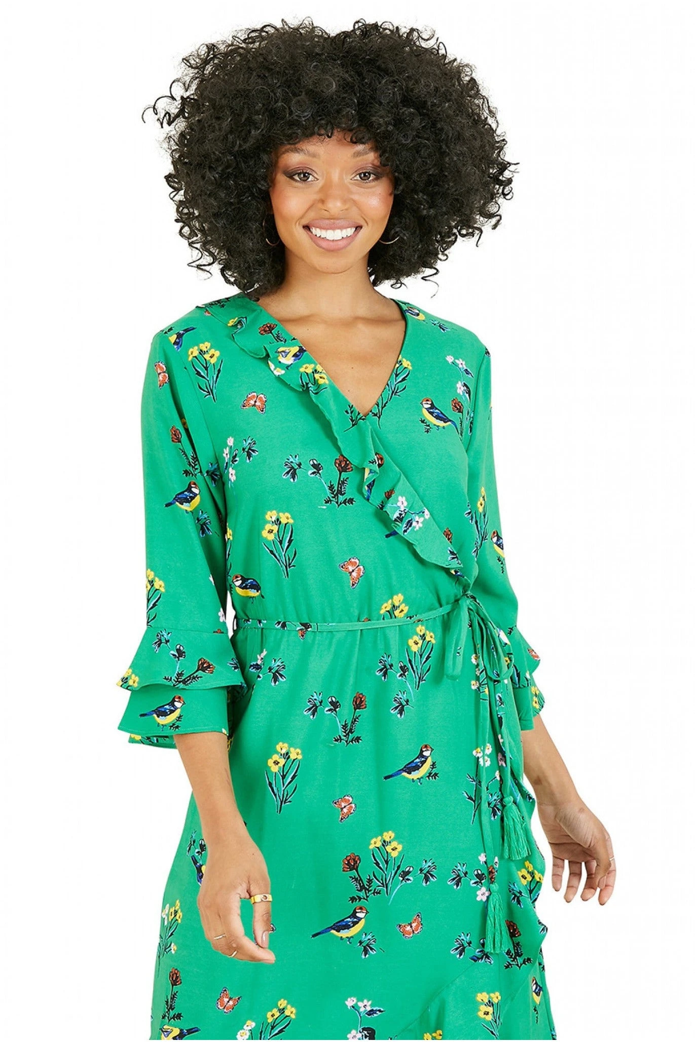 Yumi Green Bird Print Wrap Dress 2 Yumi Green Bird Print Wrap Dress - Image 2