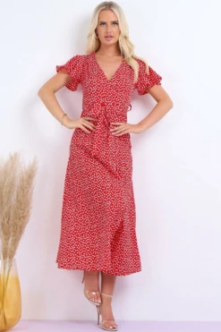 Lilura London Wrap Front Split Leg Maxi Dress Red Daisy Dot -Yumi Clothing Shop 50NivzKm 10615