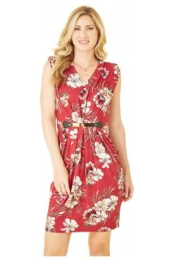Mela London Red Floral Jersey Pocket Dress With Gold Bar Det -Yumi Clothing Shop 53eyrRxl 14776