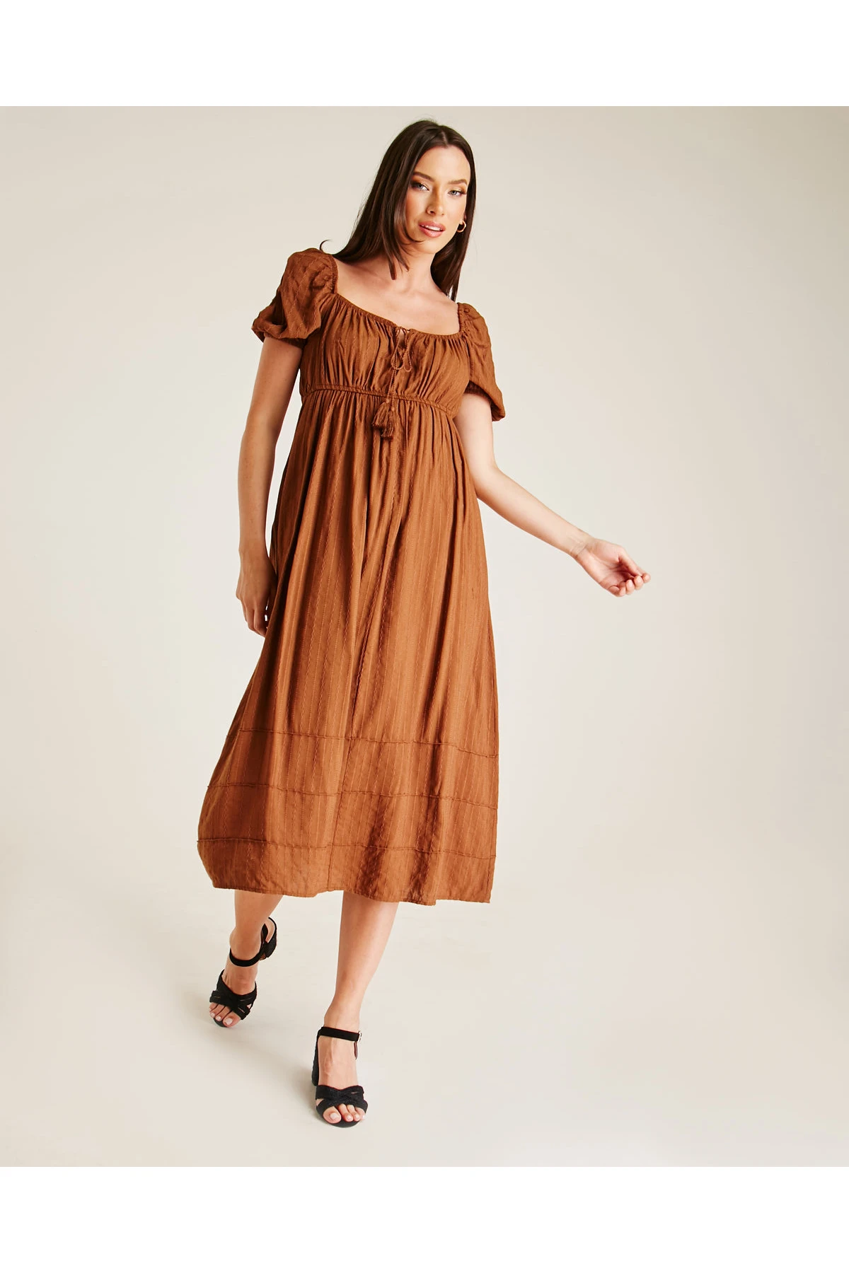 Dusty Pink Stitched Square Neck Midi Dress | Brown 1 Dusty Pink Stitched Square Neck Midi Dress | Brown