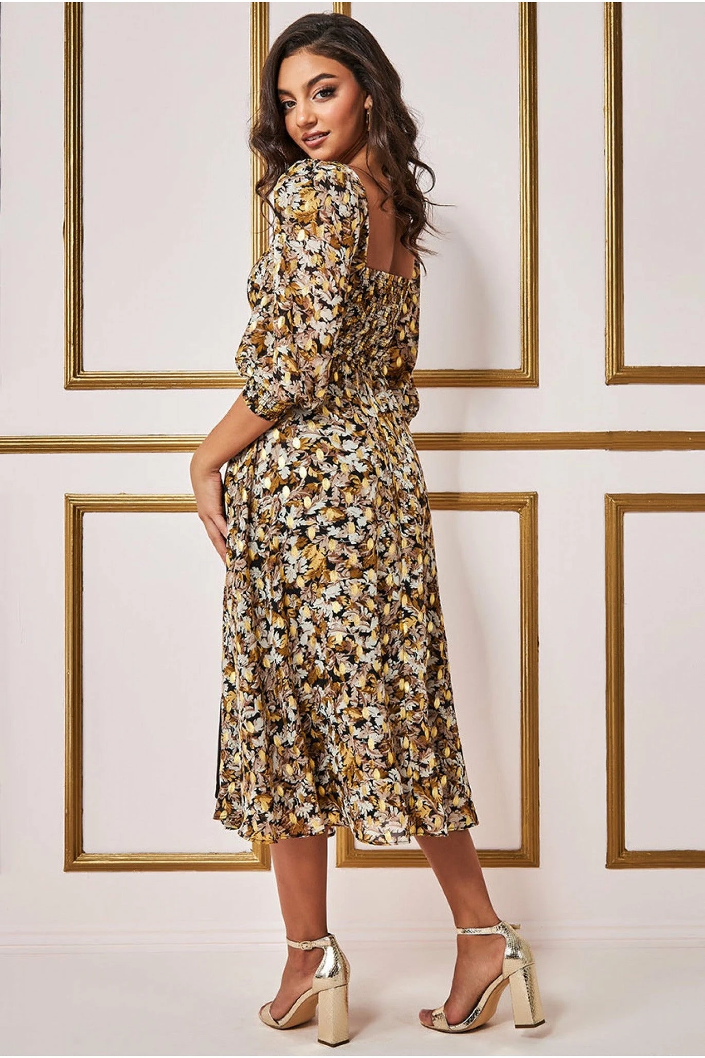 Goddiva Leaf Print Shirred Back Midi Dress - Leaf Print 2 Goddiva Leaf Print Shirred Back Midi Dress - Leaf Print - Image 2