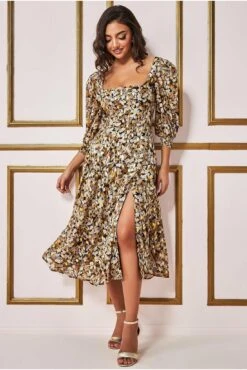 Goddiva Leaf Print Shirred Back Midi Dress - Leaf Print