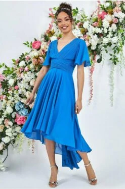 Goddiva Pleated Chiffon High Low Midi Dress - Atlantic Blue -Yumi Clothing Shop 6jzSl9rp 8900