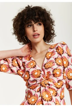 Liquorish Orange Floral Knot Front Midi Dress -Yumi Clothing Shop 76km9kjS 15635