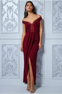Goddiva Off The Shoulder Tulip Maxi Dress - Wine