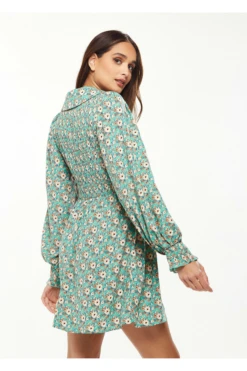 Liquorish Floral Print Smock Mini Dress Peter Pan Green -Yumi Clothing Shop 79EO0aD1 8426