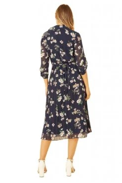 Mela London Navy Floral Print Midi Dress With Gold Buckle -Yumi Clothing Shop 7RUQXeHq 14777