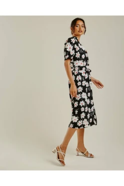 Dusty Pink Daisy Printed Wrapped Hem Dress | Black -Yumi Clothing Shop 7gvNywiY 11577