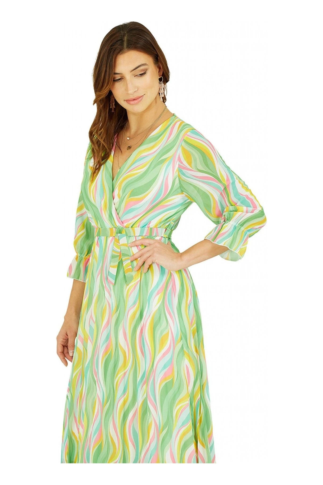 Yumi Green Swirl Print Pleated Dress With Belt 2 Yumi Green Swirl Print Pleated Dress With Belt - Image 2