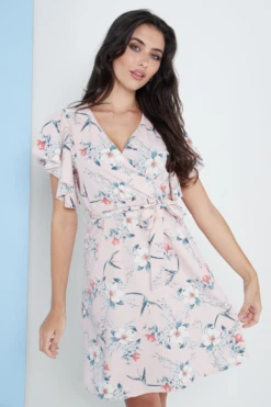 Lilura London Angel Sleeves Wrap Dress In Pink Floral Print -Yumi Clothing Shop 8ZNmqIbs 15710