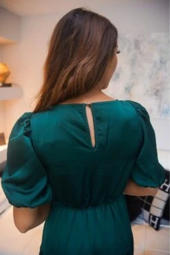 Double Second Green Satin Puff Sleeve V-neck Tiered Dress -Yumi Clothing Shop 98QZuZZh 14379