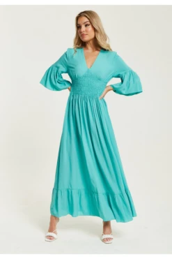 Liquorish Green Maxi Dress With Frill Sleeves -Yumi Clothing Shop 9H0GRMy4 15664