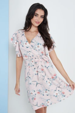 Lilura London Angel Sleeves Wrap Dress In Pink Floral Print -Yumi Clothing Shop 9HmxUl8o 15710