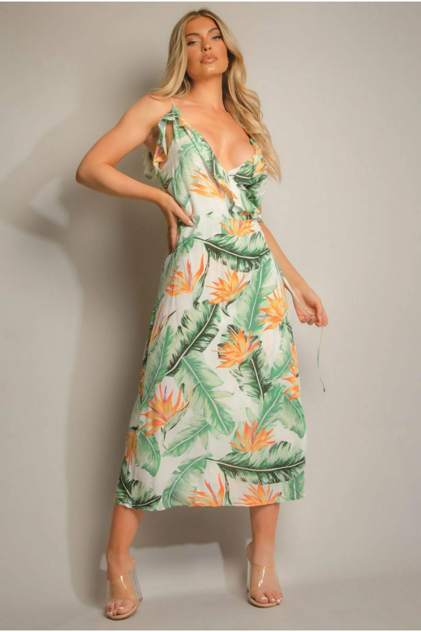 De La Creme Fashions Green Tropical Print Wrap Midi Dress 2 De La Creme Fashions Green Tropical Print Wrap Midi Dress - Image 2