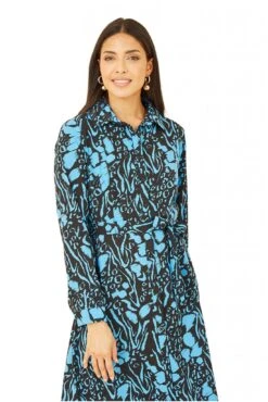 Mela London Blue Animal Print Long Sleeve Midi Shirt Dress -Yumi Clothing Shop 9bEAa5AU 14772