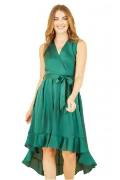 Mela London Green Satin Dipped Hem Wrap Over Midi Dress -Yumi Clothing Shop 9rNqtPsD 14768