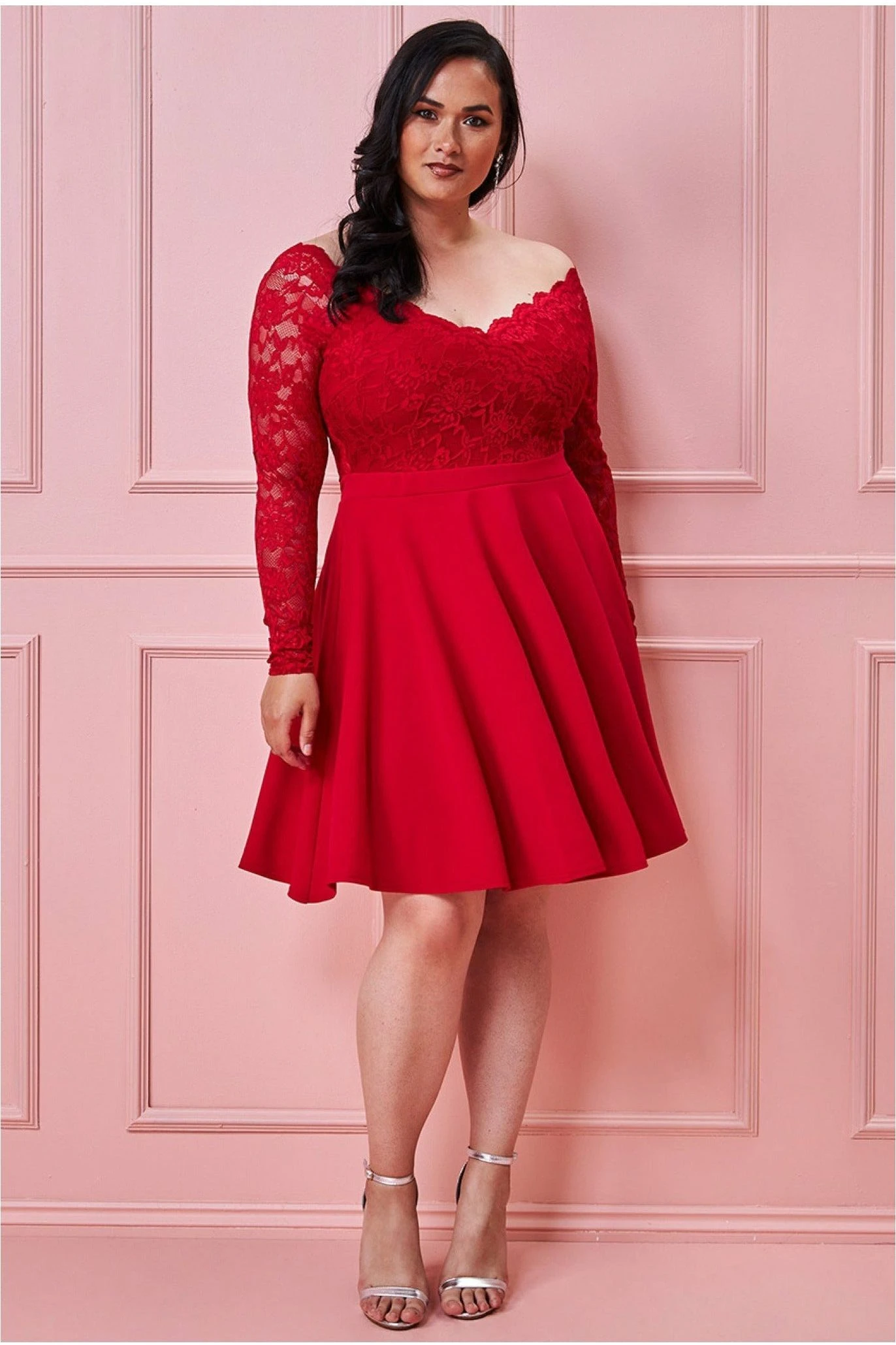 Goddiva Plus Off The Shoulder Lace Skater Dress - Red 1 Goddiva Plus Off The Shoulder Lace Skater Dress - Red