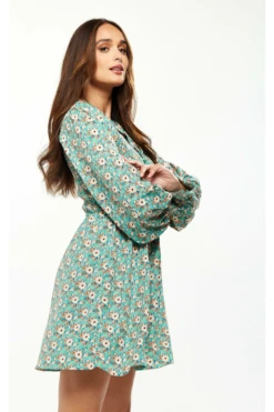 Liquorish Floral Print Smock Mini Dress Peter Pan Green -Yumi Clothing Shop ADVclQOL 8426