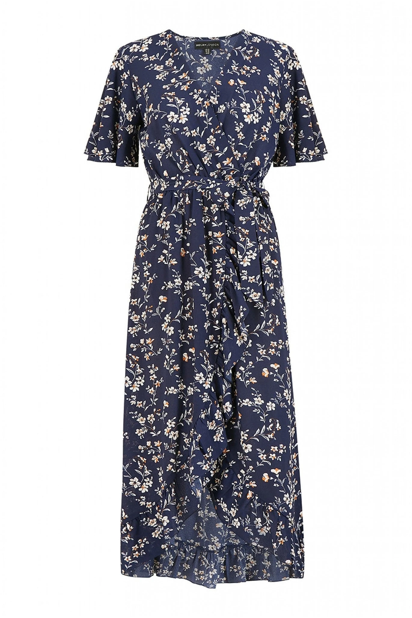 Mela London Navy Ditsy High Low Frill Wrap Dress 5 Mela London Navy Ditsy High Low Frill Wrap Dress - Image 5
