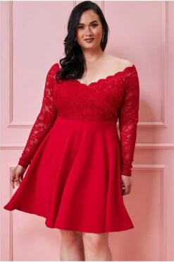 Goddiva Plus Off The Shoulder Lace Skater Dress - Red 7 Goddiva Plus Off The Shoulder Lace Skater Dress - Red -Yumi Clothing Shop AZfMmDLF 5037