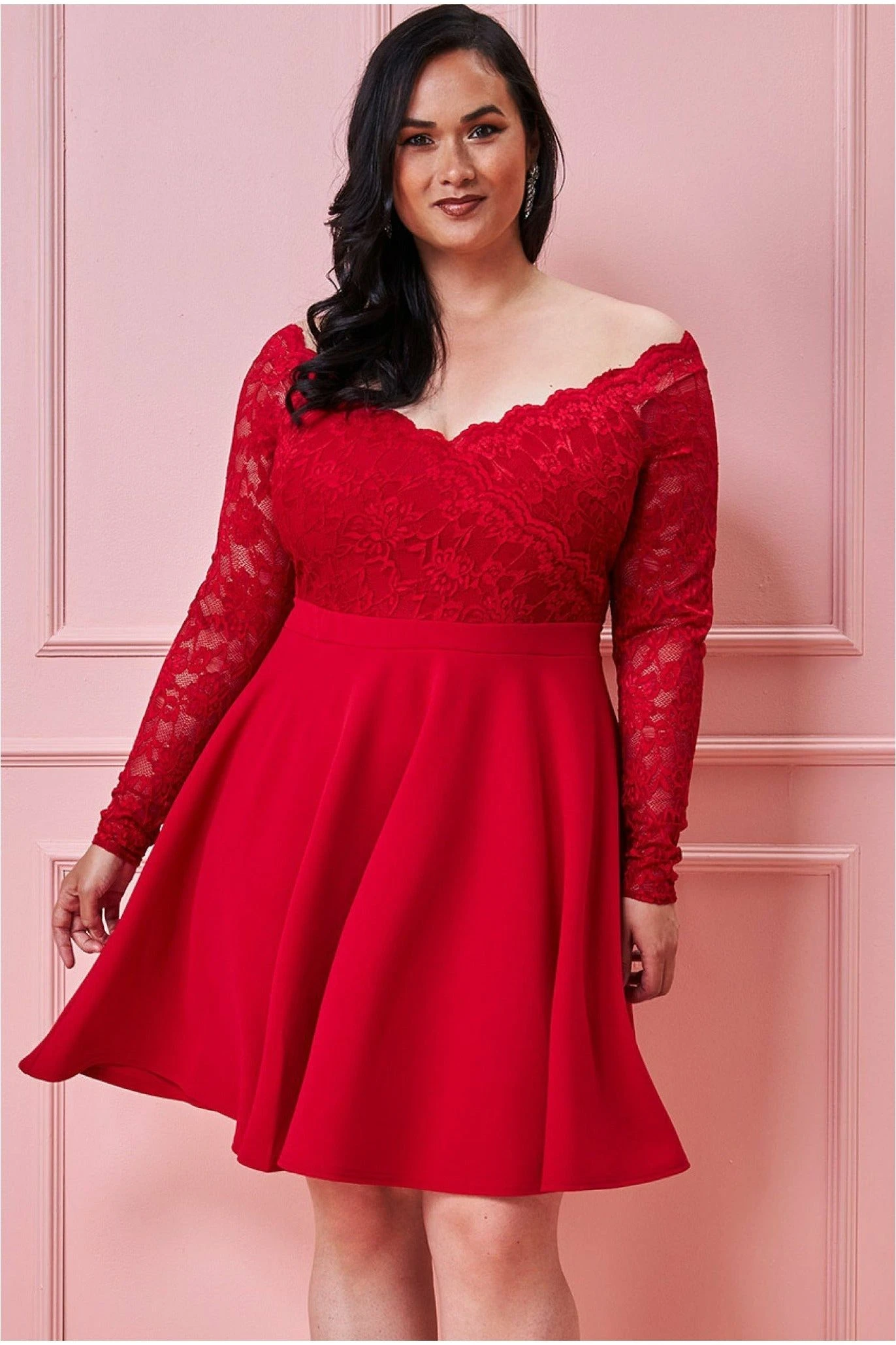 Goddiva Plus Off The Shoulder Lace Skater Dress - Red 4 Goddiva Plus Off The Shoulder Lace Skater Dress - Red - Image 4