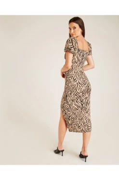Dusty Pink Animal Print Front Slit Midi Dress | Latte -Yumi Clothing Shop Ajr3S1RW 12025